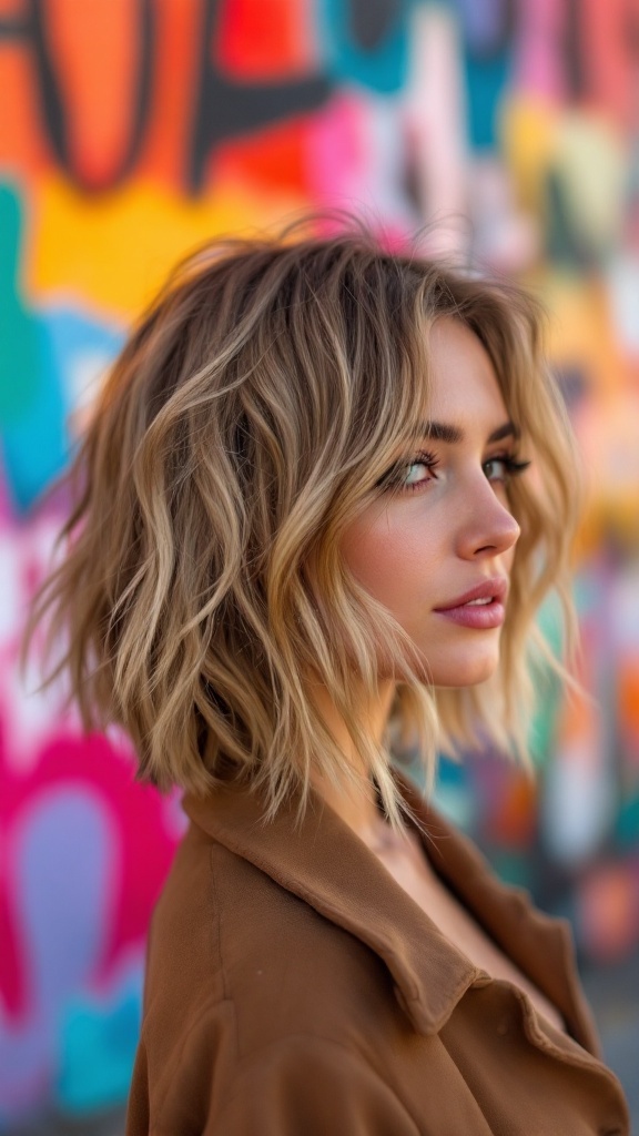A woman with a trendy lob haircut and bangs, showcasing soft waves against a colorful background.