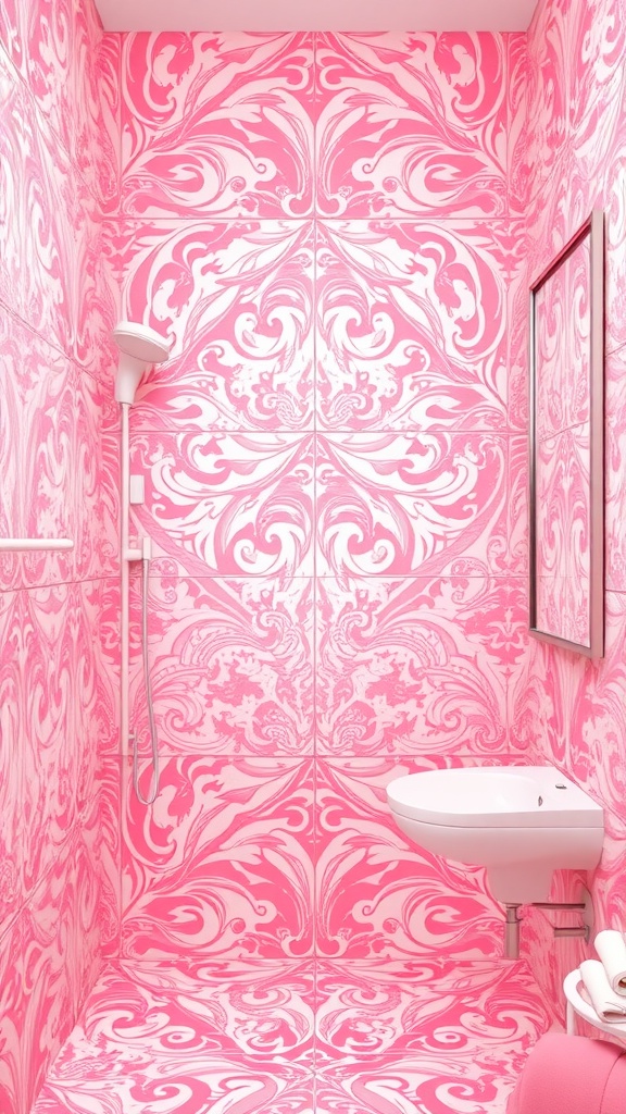 A bathroom featuring pink patterned tiles on walls and floor with a shower and sink.