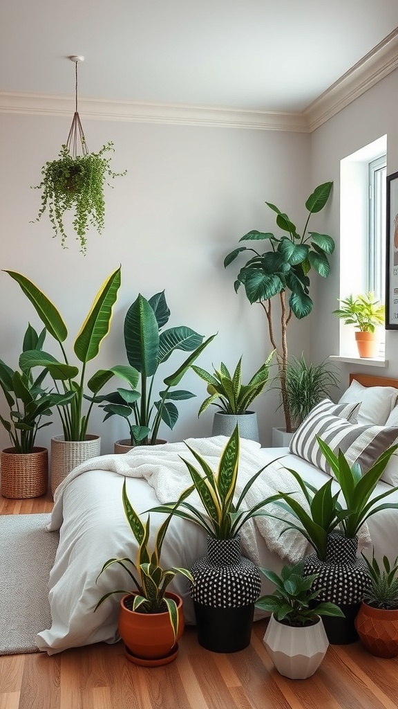 A cozy bedroom with various indoor plants, including a hanging plant, tall leafy plants, and smaller potted plants, creating a fresh and inviting atmosphere.