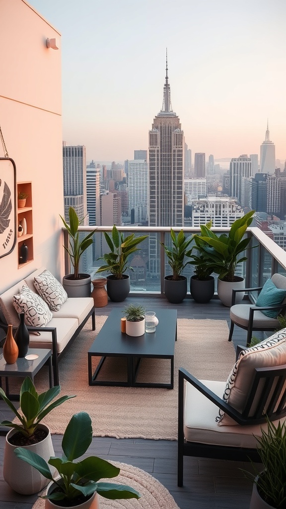 A modern rooftop lounge with comfortable seating and potted plants, overlooking a city skyline with the Empire State Building.