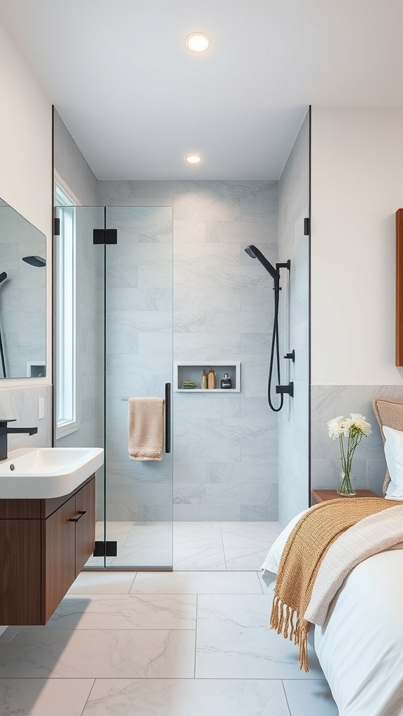 Modern Jack and Jill bathroom with a sleek shower design, featuring glass enclosure and built-in storage.