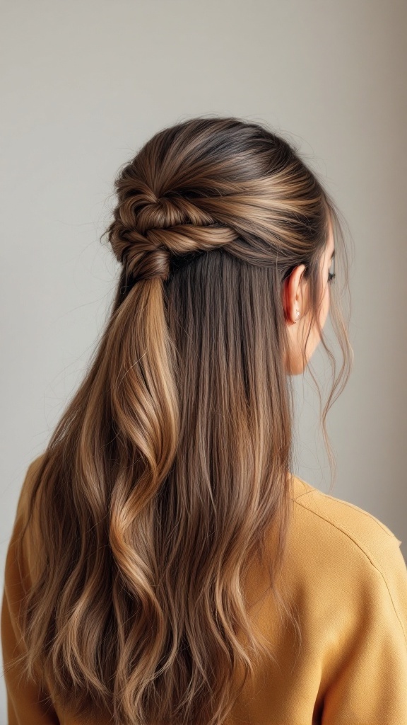 A trendy straight half up hairstyle featuring a twisted top section and flowing hair.