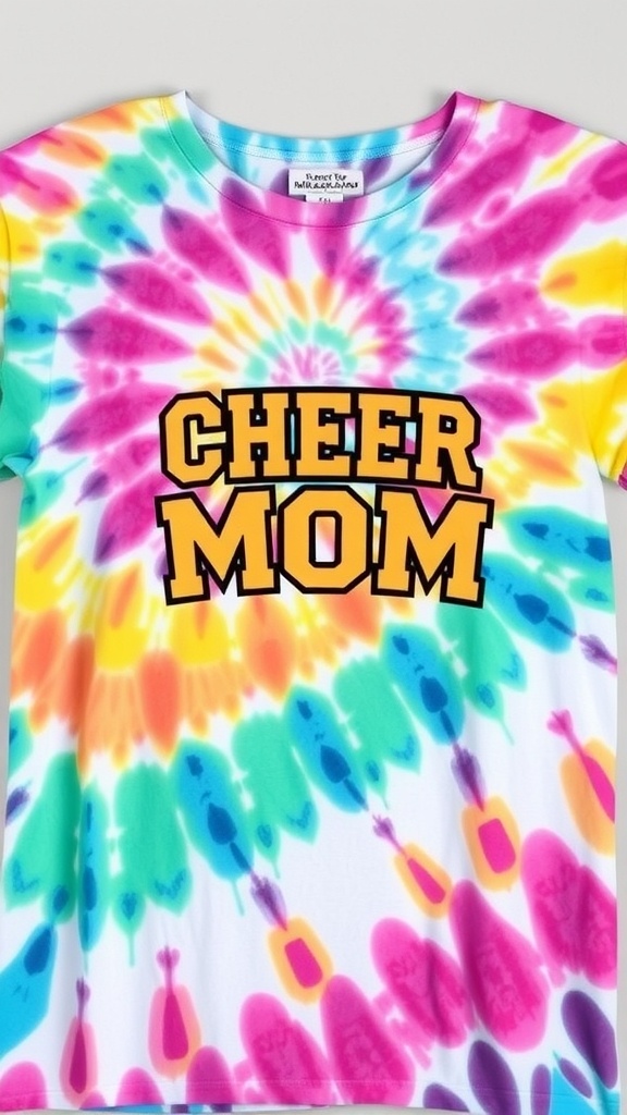 A colorful tie-dye t-shirt with the words 'CHEER MOM' printed on it.