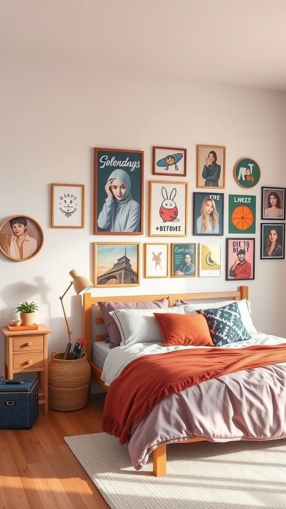A cozy bedroom featuring a variety of trendy wall art and posters, with a comfortable bed and warm decor.