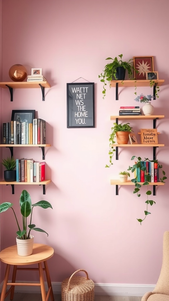 A stylish display of wall shelves on a pink wall featuring books, plants, and decorative items.