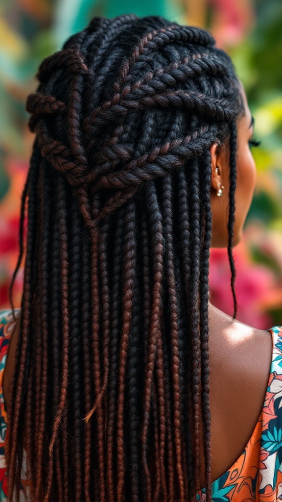 A close-up view of a woman with tribal braid patterns, showcasing intricate twists and sections in her long hair.