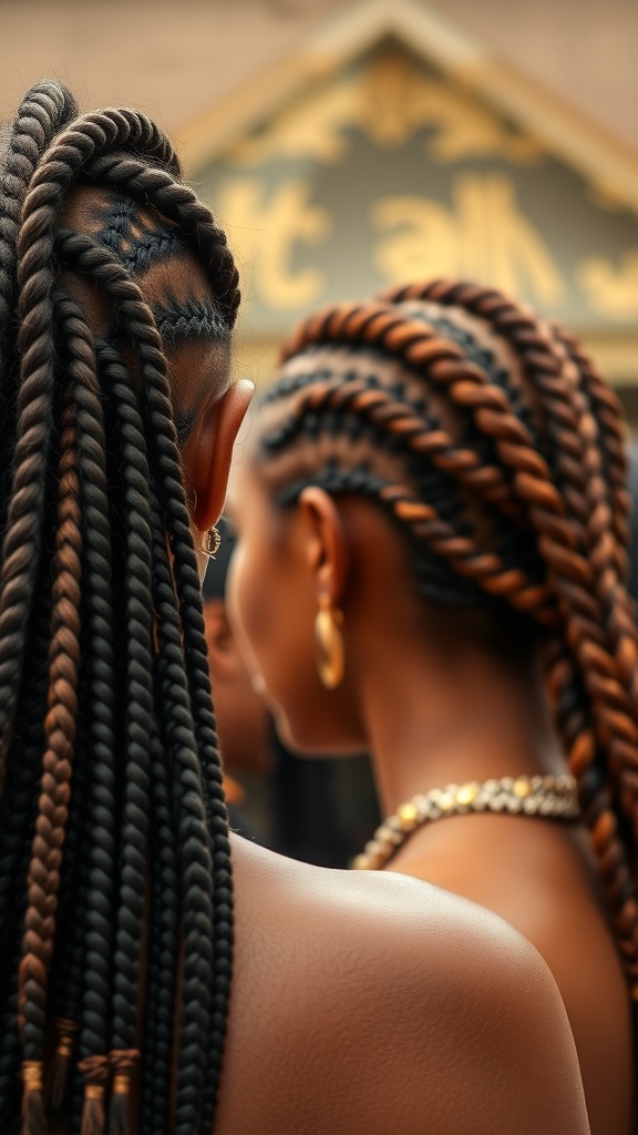 A close-up view of two women with intricate tribal braids, showcasing a mix of colors and patterns.