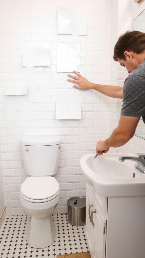 A person cutting peel and stick floor tiles in a bathroom around a toilet and sink.
