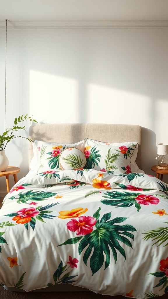 A vibrant tropical-inspired bedding set featuring floral patterns and lush green leaves on a white background, complemented by matching pillows.