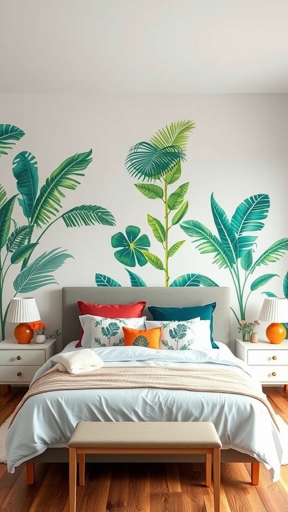 A tropical-inspired bedroom with green wall art, colorful bedding, and warm wooden accents.
