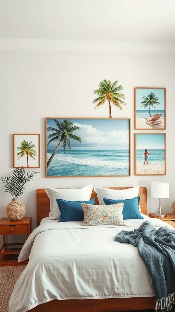 A tropical-themed bedroom with wall art featuring palm trees and beach scenes.