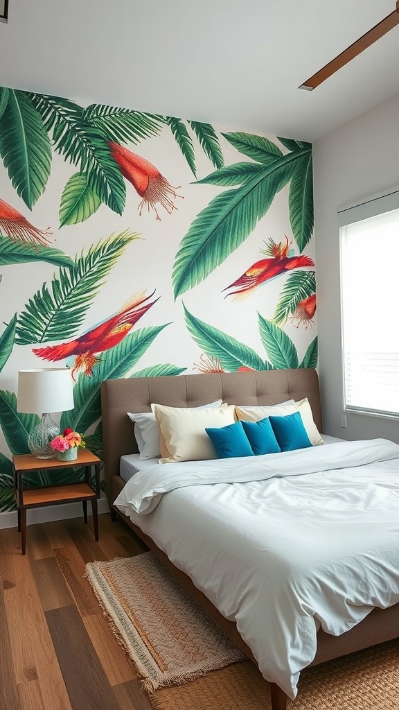 A bedroom with a tropical accent wall featuring vibrant green leaves and colorful flowers, alongside a cozy bed and wooden furniture.