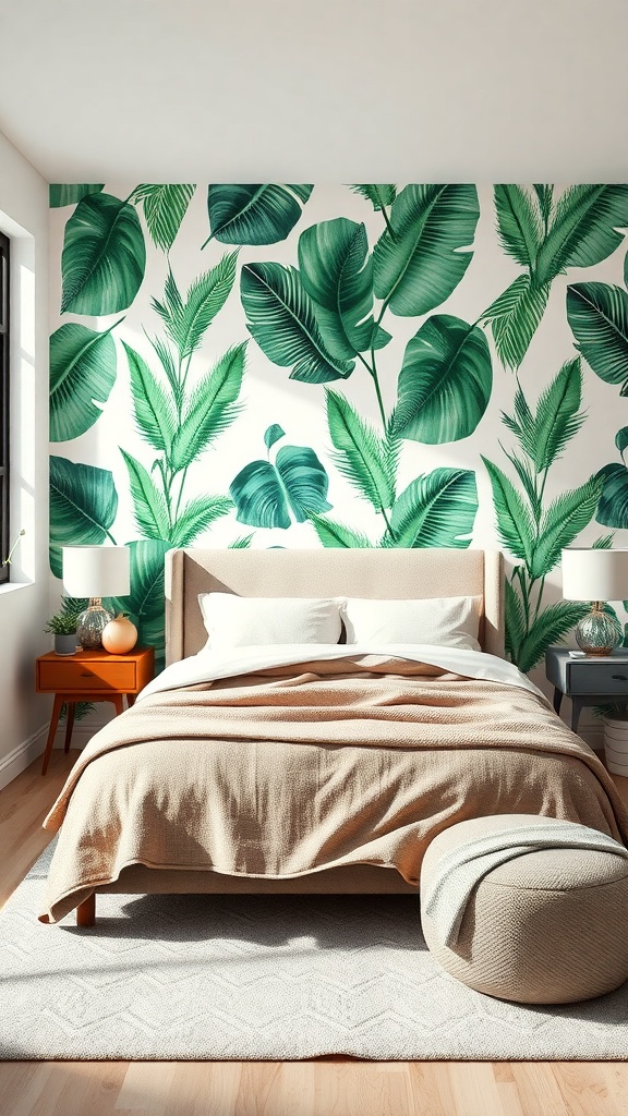 A tropical-themed bedroom with a leafy accent wall, neutral bedding, and simple furniture.