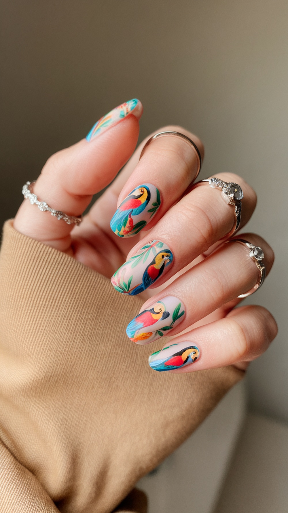 Nail art featuring colorful tropical birds on a light background