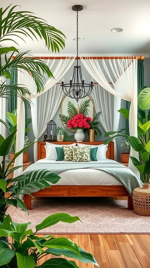 A tropical-themed bedroom featuring a canopy bed surrounded by lush plants and soft drapes.