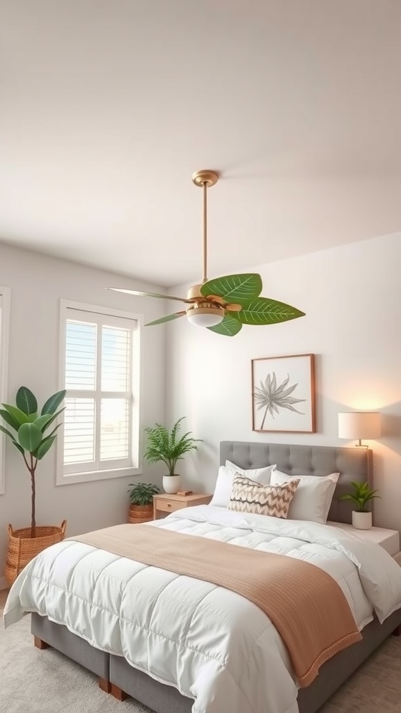 A cozy tropical bedroom featuring a ceiling fan with leaf-shaped blades, plants, and soft bedding.