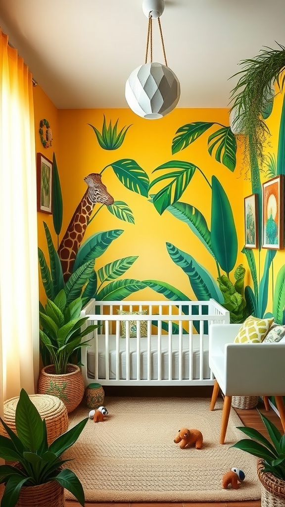 A vibrant nursery with yellow walls, green jungle-themed murals, a crib, and playful décor.