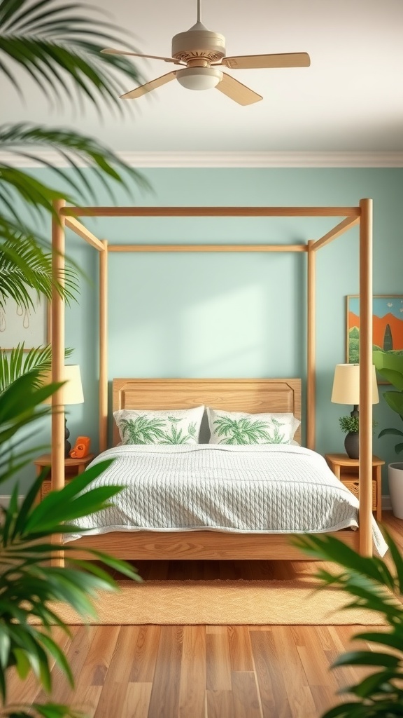 A serene bedroom featuring a wooden four-poster bed, tropical-themed pillows, and lush green plants, creating a tropical escape vibe.