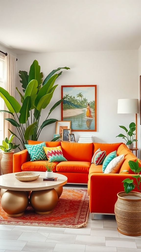 A vibrant living room featuring an orange sofa, colorful cushions, lush green plants, and tropical-themed artwork.
