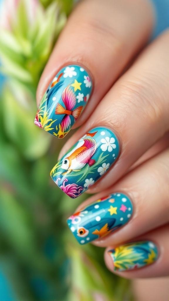 Colorful tropical fish nail art with vibrant designs on long nails.