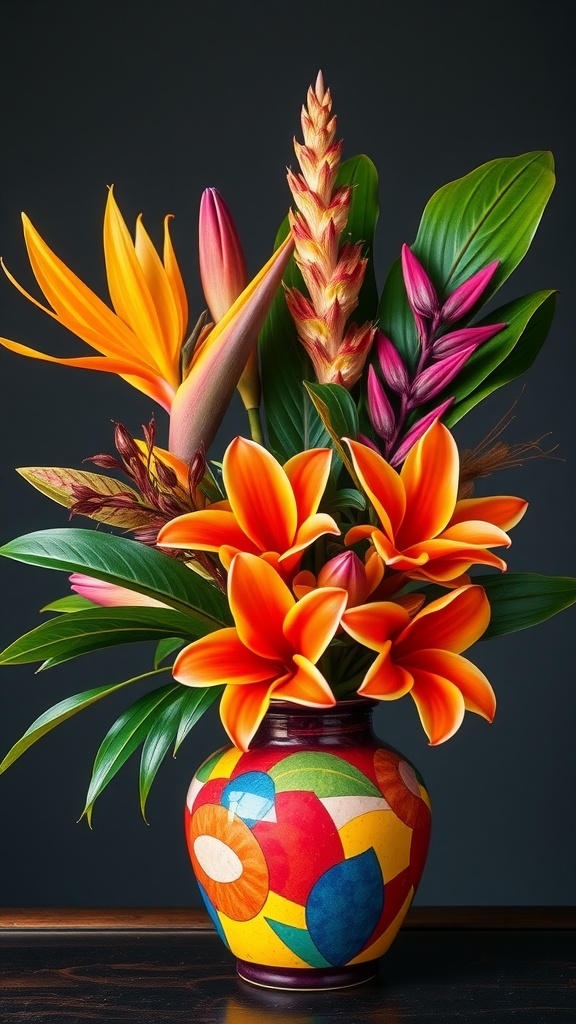 A vibrant tropical flower arrangement featuring orange lilies, bird of paradise, and lush green leaves in a colorful vase.