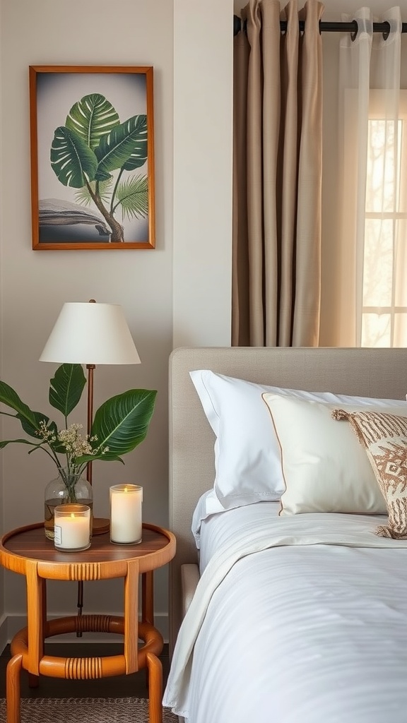 A cozy bedroom setting featuring a bedside table with two candles, a plant, and soft bedding, creating a tropical atmosphere.