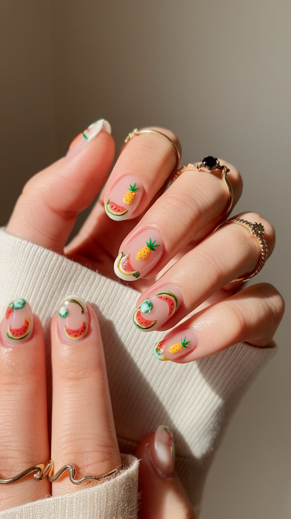 Nail design featuring tropical fruit accents like pineapples and watermelons.