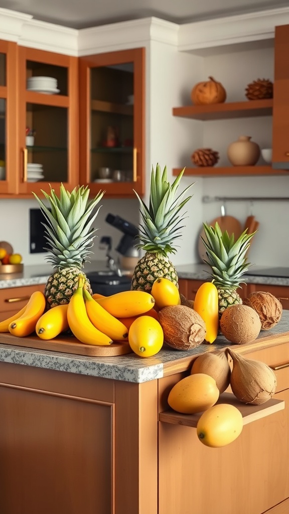 A vibrant tropical fruit display featuring pineapples, bananas, and coconuts on a kitchen island.