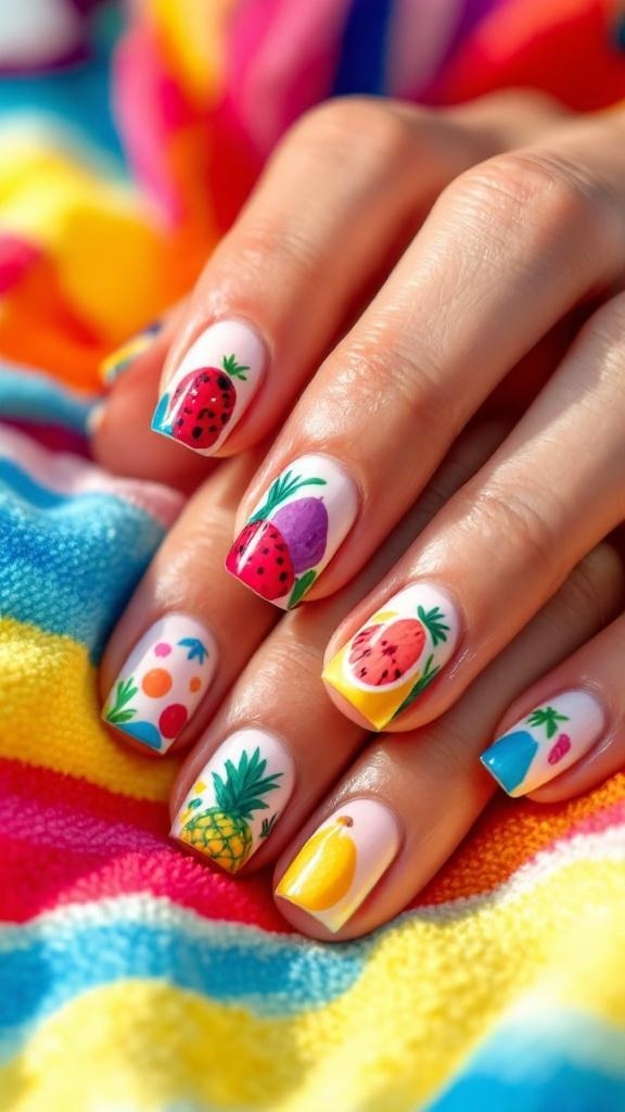 Colorful tropical fruit nail art on square nails