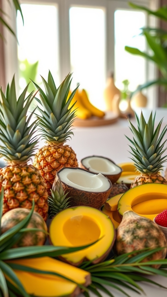 A vibrant display of tropical fruits including pineapples, coconuts, and bananas, arranged beautifully for a baby shower.