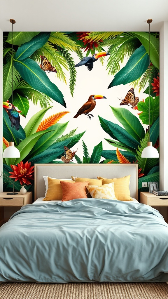A bedroom featuring a tropical greenery wall mural with vibrant leaves, flowers, and birds.
