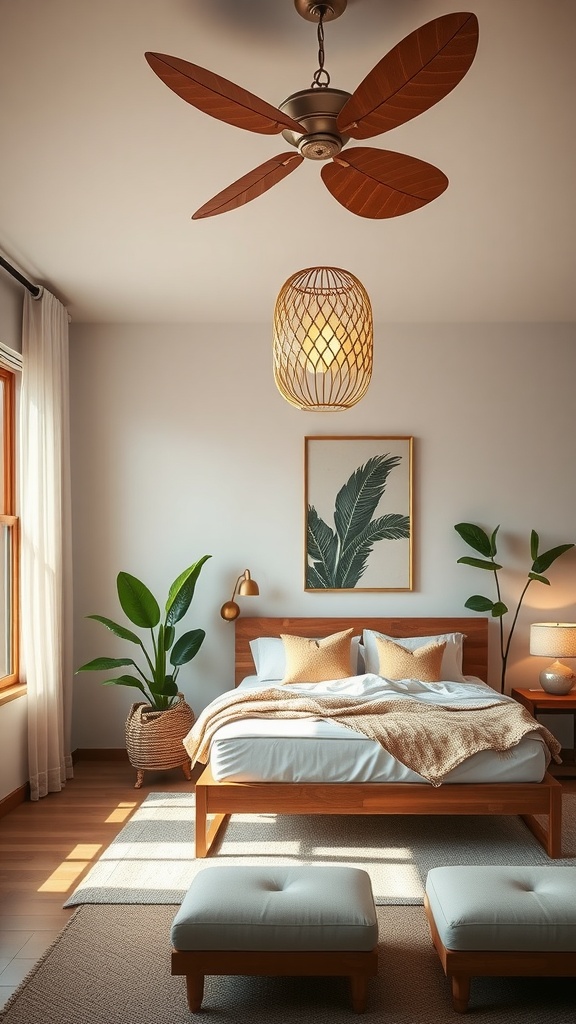 A tropical-inspired bedroom featuring a ceiling fan with leaf-shaped blades and a woven pendant light, complemented by natural decor.