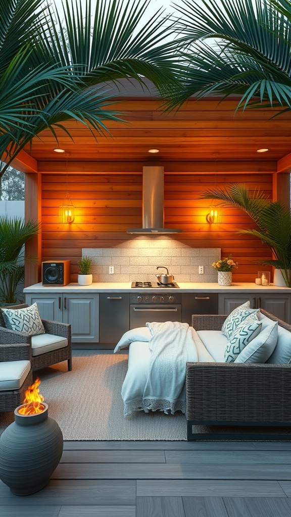 A tropical outdoor kitchen featuring wooden accents, modern appliances, and cozy seating surrounded by palm leaves.