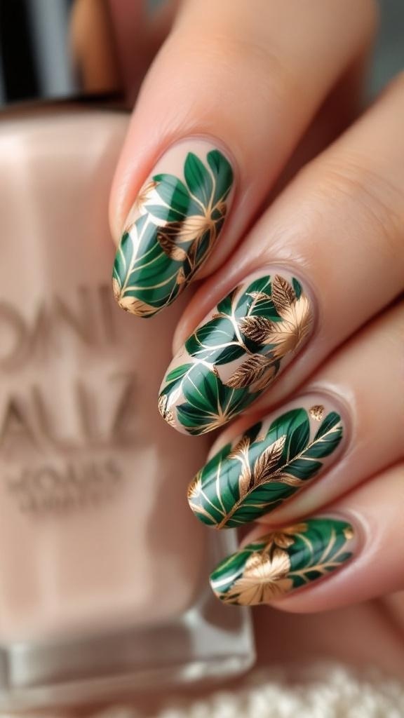 Almond-shaped nails with tropical leaf designs in green and gold.