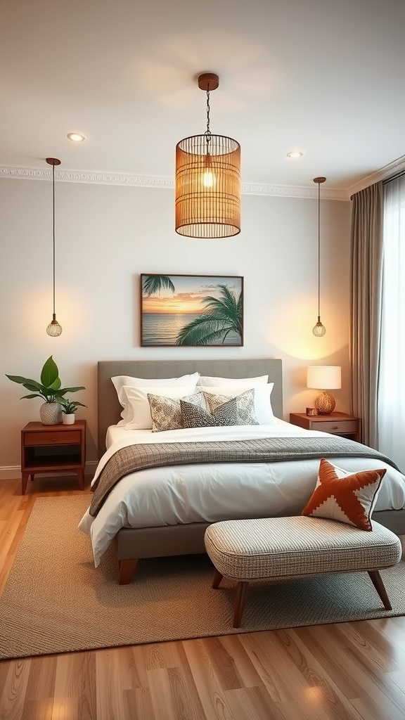 A cozy bedroom with tropical lighting fixtures, featuring a woven pendant light and warm tones.