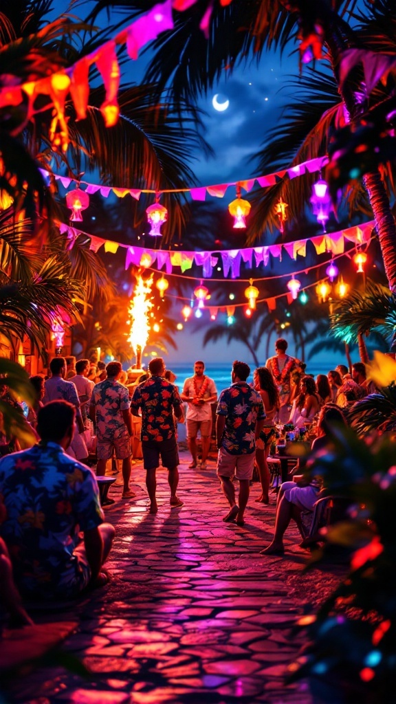 A colorful tropical luau engagement party with guests enjoying the festive atmosphere, adorned with tiki lights and decorations.