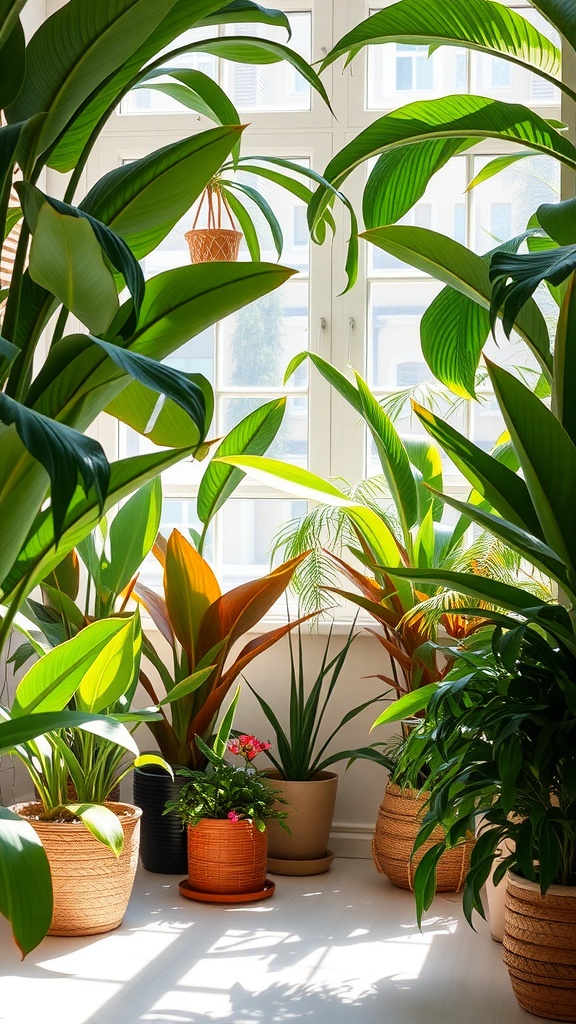 A bright indoor space filled with various tropical non-toxic plants near a window.