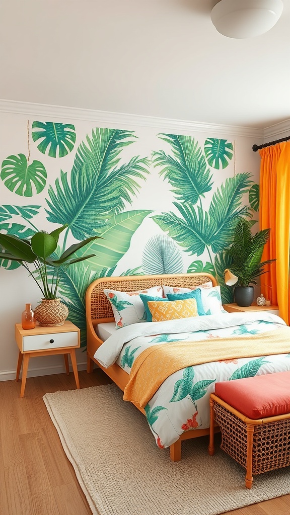 A tropical-themed bedroom with leafy wallpaper, colorful bedding, and rattan furniture.
