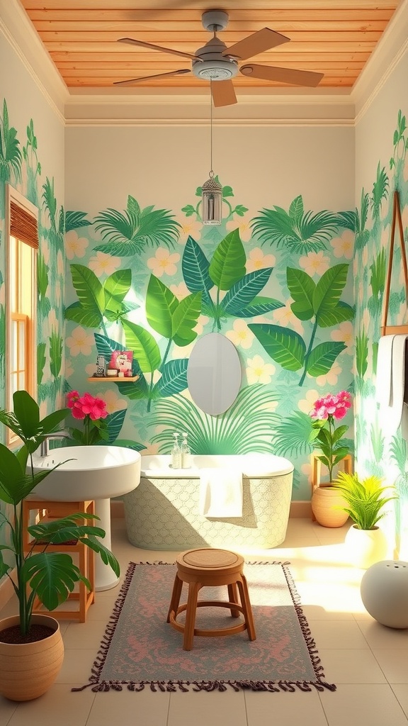 A tropical-themed bathroom with green leaf wallpaper, a bathtub, and potted plants.