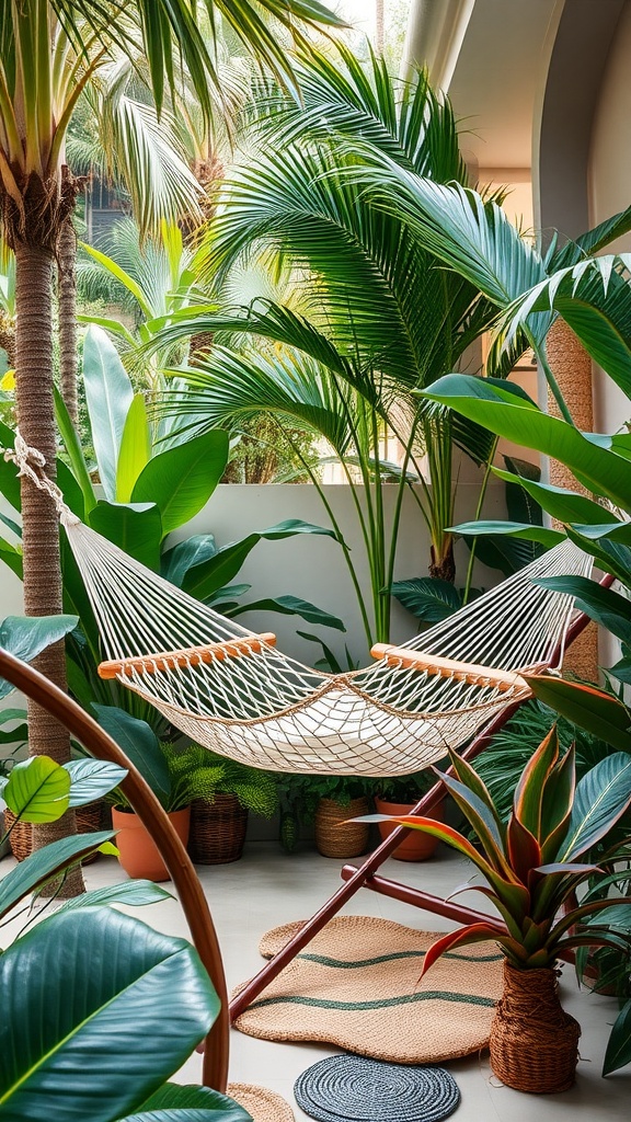 A hammock surrounded by lush tropical plants in a cozy backyard setup.