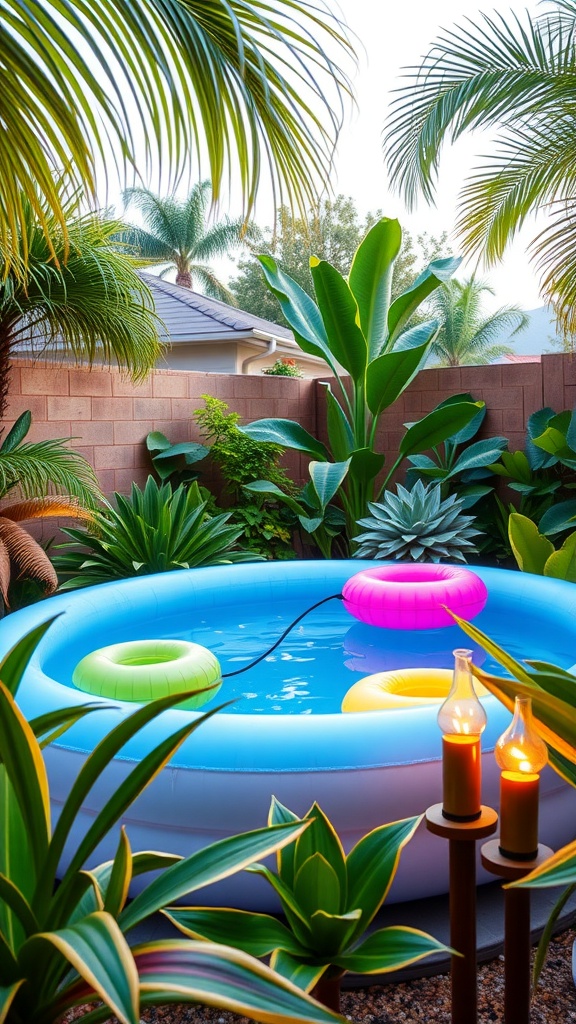 A tropical-themed backyard featuring an inflatable pool with colorful floaties surrounded by lush green plants and candles.