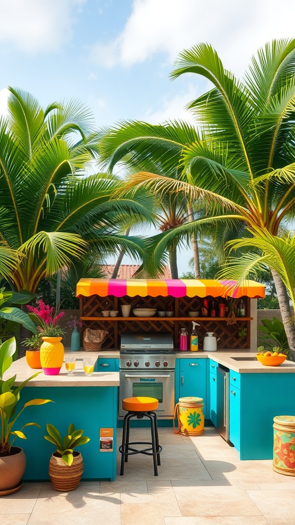 A tropical outdoor kitchen with bright colors and lush palm trees.