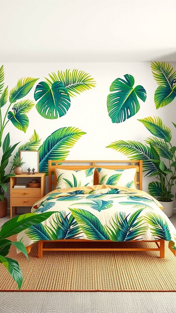 A cozy bedroom designed with tropical leaves on the walls and bedding, featuring a wooden bed frame and lush plants.