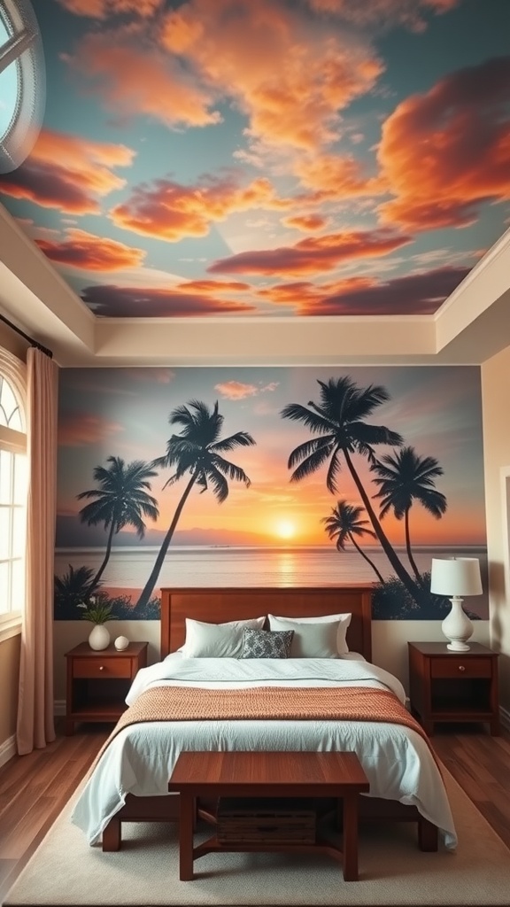 A bedroom with a painted ceiling featuring a tropical sunset, palm trees, and an ocean view.