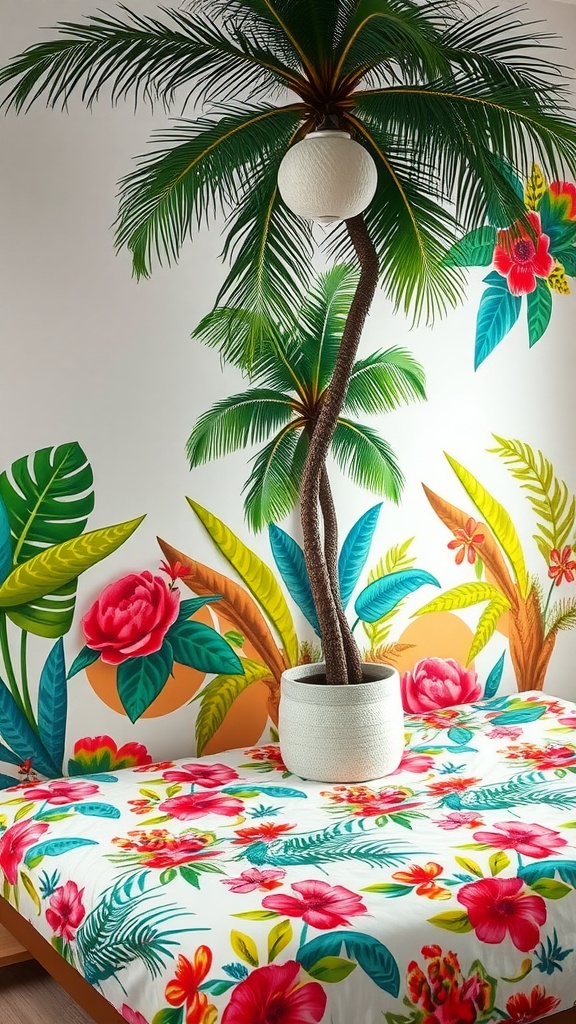 Colorful wall painting of tropical plants and flowers in a bedroom setting