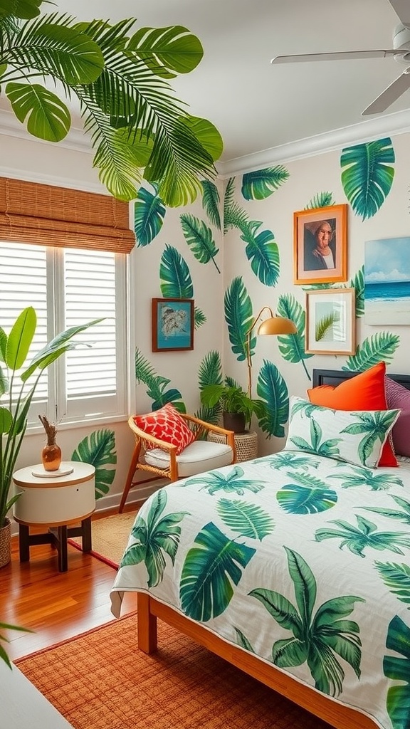 A vibrant bedroom with tropical leaf wallpaper, a leafy duvet, and colorful accents.