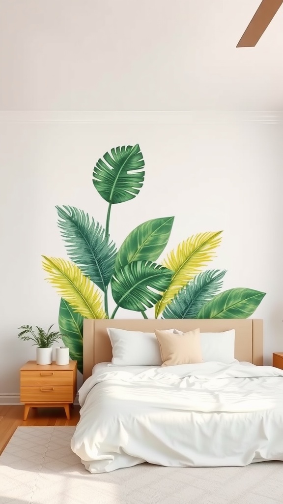 A bedroom with a tropical-themed accent wall featuring green leaves, a wooden bed, and light bedding.