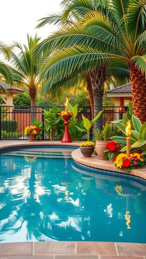 Backyard pool surrounded by palm trees and colorful plants, featuring tiki torches for ambiance.
