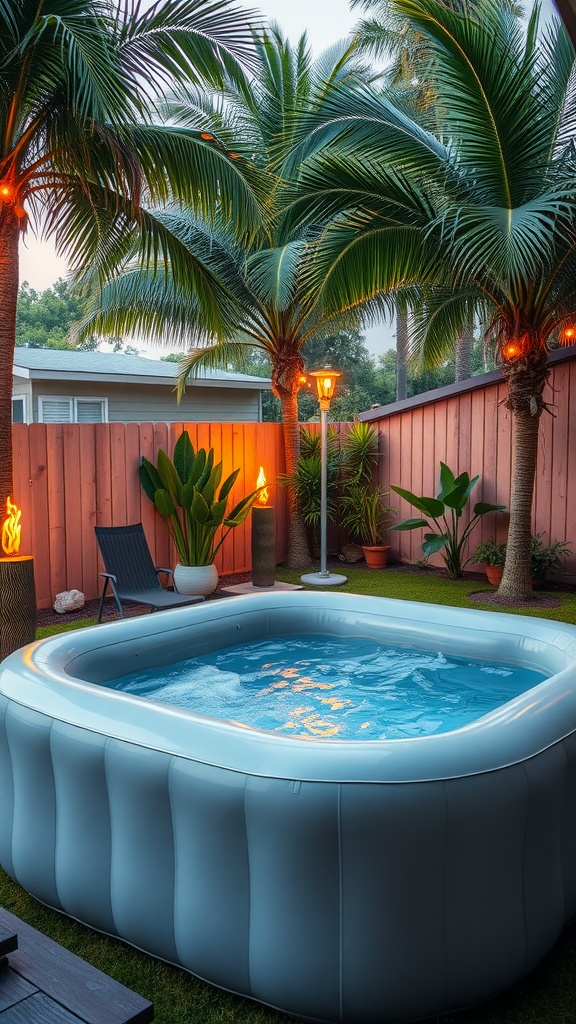 Inflatable hot tub surrounded by palm trees and greenery in a backyard setting.