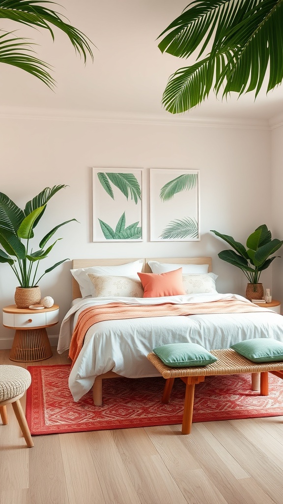 A tropical-themed bedroom with leafy plants, a cozy bed, and warm colors.